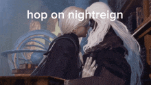 a couple of people kissing with the words hop on nightreign above them