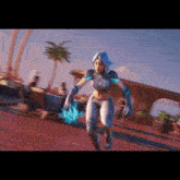 a woman in a superhero costume is running with a blue object in her hand