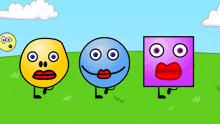 a yellow circle a blue circle and a purple square with faces