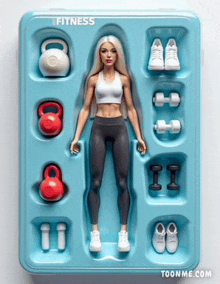 a barbie doll is surrounded by a variety of fitness items