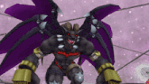 a cartoon character with horns and a purple wing has the number 8888 on his arm