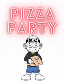 a cartoon character is holding a box of pizza with the words pizza party behind him