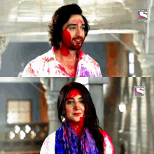 a man and a woman are covered in colored powder and the words sony television are on the bottom right