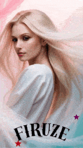 a woman with long blonde hair and the name firuze