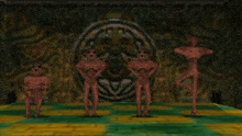 a group of statues are dancing in front of a wall with a celtic design