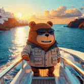 a teddy bear wearing sunglasses and a jacket is riding a boat