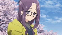 a girl with glasses and purple hair is standing in front of a tree with pink flowers