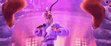 a cartoon goat is singing into a microphone while wearing a purple fur coat .