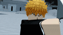a cartoon character with a black shirt and yellow hair is looking at the camera