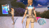a man and a woman are standing on a stage in a video game scene