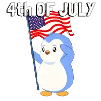 a penguin salutes while holding an american flag on the fourth of july