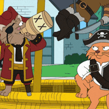 a cartoon of a cat dressed as a pirate drinking from a bottle with a x on it