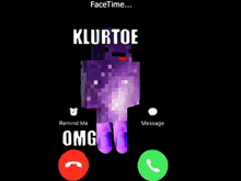a purple minecraft character is talking on a phone with a green button that says omg