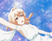 a girl in a white dress is flying in the sky