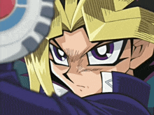 a close up of a cartoon character 's face with a purple eye