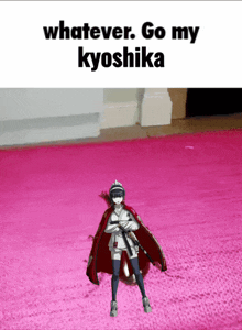 a picture of a girl standing on a pink rug with the words whatever go my kyoshika
