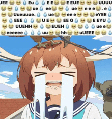 a girl is crying with tears coming out of her eyes and a bird on her head