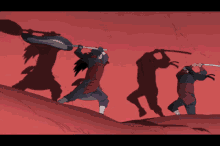 a group of people standing on top of a hill with a red background