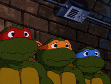 three teenage mutant ninja turtles looking at something