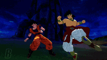 goku and broly are fighting in a video game with the letter b in the bottom right corner