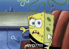 a cartoon of spongebob wearing a seat belt says " ayo "