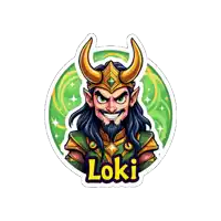 a sticker of a man with horns and the word loki