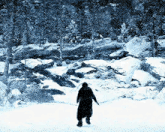 a person walking through a snowy forest with trees covered in snow