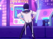a video game character is dancing in front of a sign that says i love you mash