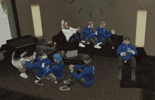 a group of people sitting in a living room with a clock on the wall