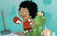 a cartoon of a man in boxing gloves sitting on a toilet next to a bottle that says " ari "