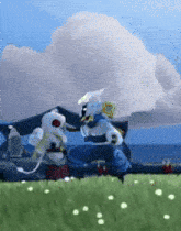 a cartoon character is standing in a field with a cloud in the background .