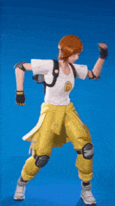 a person in yellow pants and a white shirt with the letter g on the front