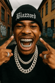 a man wearing a black beanie with blazzard on it