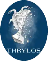 a blue circle with a medusa and the words thrylos
