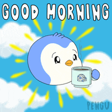 a penguin holding a cup of coffee with the words good morning