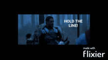 a man in armor says hold the line in a video made with flixier