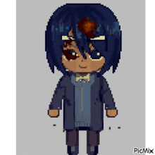 a pixel art drawing of a boy with blue hair and brown eyes