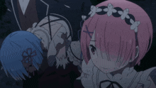 a girl with pink hair and blue eyes is standing next to another girl with pink hair