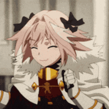 a girl with pink hair is holding a sword in her hand .