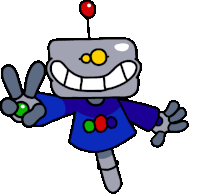 a cartoon robot wearing a blue shirt with a peace sign