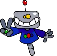 a cartoon robot wearing a blue shirt with a peace sign