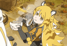 a cartoon of a girl with yellow hair holding a cup