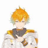 a boy with orange hair and green eyes is waving his hand