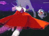 a cartoon character with a red cape and a shark behind him