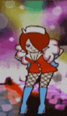 a cartoon nurse is dancing in a video game with a purple background .