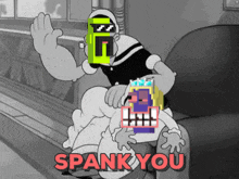 a black and white cartoon with the words spank you on it