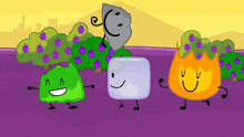 a group of cartoon characters are standing next to each other in a field .