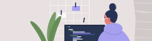 a static animation of a woman scrolling through data on her computer in her office with sticky notes on the wall and a green plant on the left hand side
