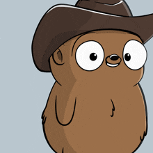 a cartoon bear wearing a cowboy hat with big eyes