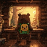 a bear with a backpack looks out a window